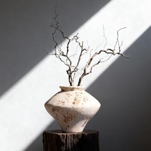 "Whitewashed Terracotta Ceramic Vase 6.7"", Small Rustic Farmhouse Pottery Vase with Wide Mouth, Watertight Flower Vase for Fresh Flowers & Pampas Grass, Table Centerpiece Shelf Decor"