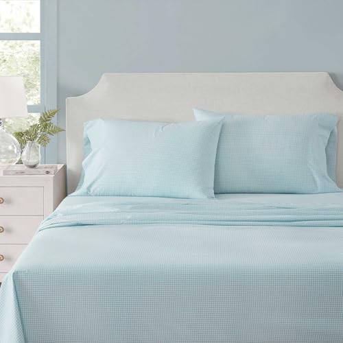 Martha Stewart - King Size Sheets Set, Crisp & Tailored Cooling Sheets w/a Naturally Smooth Cotton Percale Lightweight Feel - Bed Sheets with Matching Pillowcases & Fitted Sheet (Small Gingham Blue)