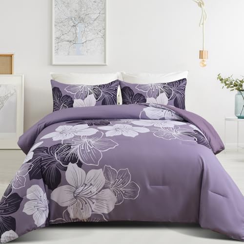 Menghomeus Queen Comforter Set Dark Purple Floral Bedding Comforter Sets - Soft Microfiber Bed Comforter Set for All Season, 3 Piece Botanical Flowers Comforter, Pillowcases