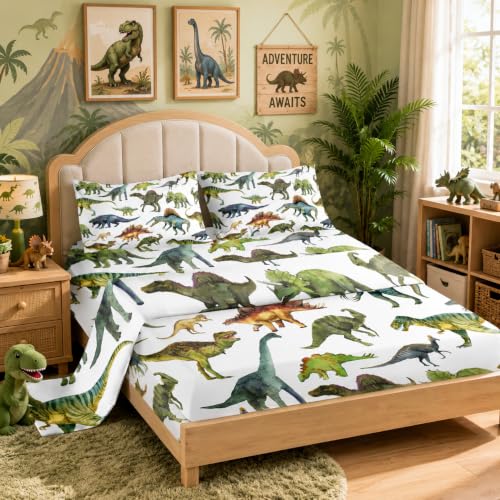 "Nttopship Dinosaur Printed 4 Pieces Bed Sheet Sets Queen Size Dinosaur Bedding Sets with 16"" Deep Pockets ???Dinosaurs??? Bedroom Decor,Bedding Set 4 PCS(1 Fitted+1 Flat+2 Pillowcases)"