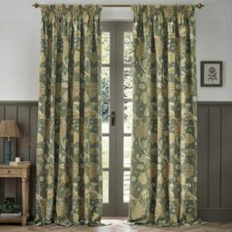 Morris&Co. Cray Pencil Pleat Curtain Pair – Lined Velvet Floral River-Inspired Drapes (Sage/Sunflower - 117x183cm)