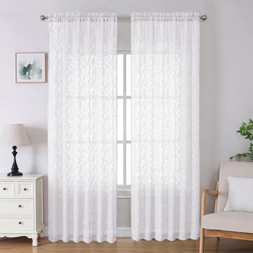 "Lecloud Leia White Sheer Curtains 96 Inches Long 2 Panels, Airy Voile Jacquard Leaf Textured Curtains, Light Filtering Farmhouse Dual Rod Pocket Curtain Drapes for Bedroom Living Room, 52"" W x 96"" L"