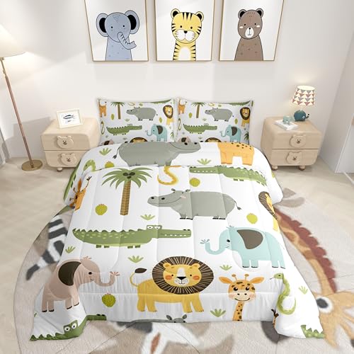 Wild Animals Comforter Set Safari Animals Print Comforter for Boys Girls Teens Cute Hippo Crocodile Lion Bedding Set Kids Cartoon Elephant Giraffe Duvet Set Room Decor Quilt Set Full Size