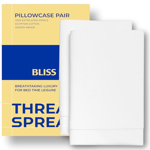 THREAD SPREAD 100% Pure Egyptian Cotton Pillow Cases - 600 Thread Count Pillow Cases Queen/Standard Size Set of 2, Soft & Breathable Extra Long Staple Sateen Weave Cotton Pillow Covers Beds - White