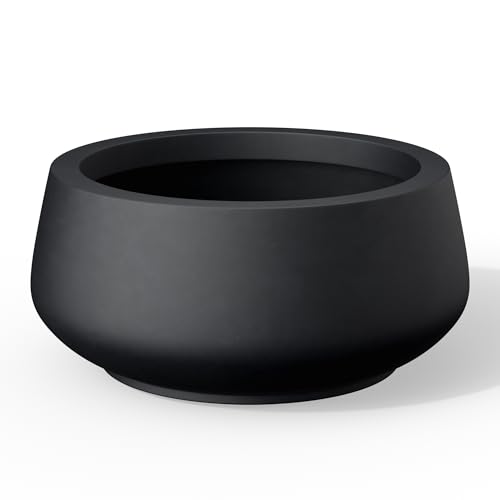 "Kante Planter, Concrete, Black, 16.9"" Dia - Rubber Plug for Indoor, Drainage for Garden, All-Weather Cement Flower Pot, Handcrafted, Anti-Frost & UV, Modern Home Decor"