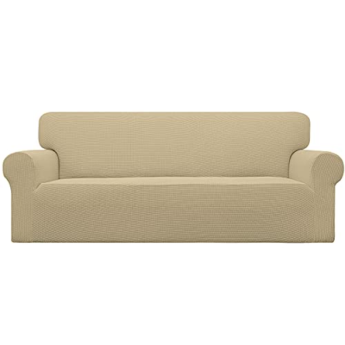 Easy-Going Stretch Sofa Slipcover Sofa Cover Furniture Protector Soft with Elastic Bottom for Kids, Jacquard Polyester Spandex Fabric Small Checks Beige