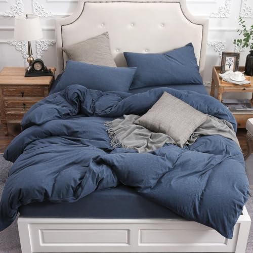 PURE ERA Jersey Knit Duvet Cover Set 100% T-Shirt Cotton Super Soft Comfy Bedroom 3pc Bedding Set with Zipper Closure (Heather Navy Blue, Queen)