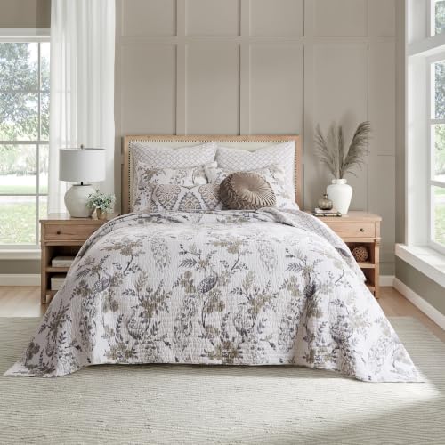 Levtex Home Pisa Reversible King Bedspread Set (120x106in) with 2 Pillow Shams (36x20in) - Floral Peacock - Grey, Taupe - Cotton King Size Bedspread Set - Soft, Pre-Washed