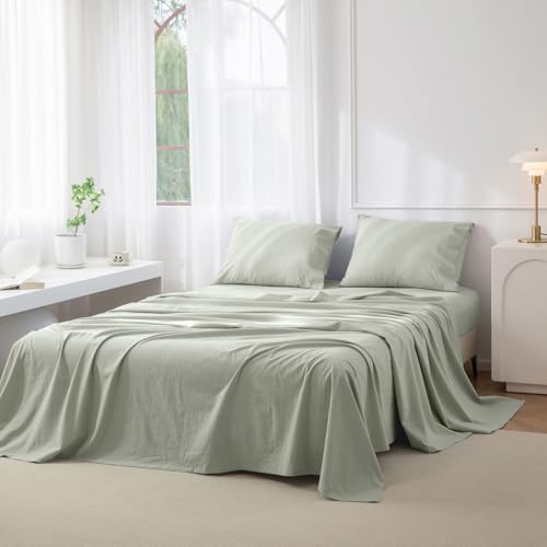 "JIYUAN Cal King Washed Cotton Sheet Set, 4-Piece, Relaxed Linen Feel - Deep Pocket Fits Mattresses up to 17"". Flat Sheet & 2 Pillowcases. Naturally Soft & Breathable. Machine Washable."
