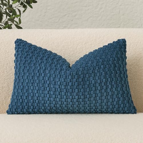 UGASA 14x24 Inch Pillow Cover Pack of 1 Soft Boho Stripe Corduroy Long Rectangle Lumbar Cushion Cover Farmhouse Decorative Throw Pilowcase for Bed, Couch, Sofa, Bedroom, Living Room, Blue