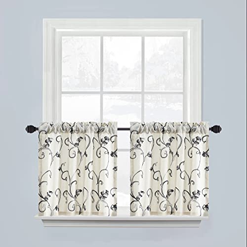 VOGOL 24 Inches Long Short Tier Curtains, Grey Vines Faux Linen Curtain Drapes for Kitchen Cafe Bathroom Basement Small Window Treatment, 30 x 24, 2 Panels, Rod Pocket