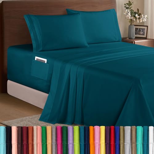 Elegant Comfort Luxury 1500 Premium Hotel Quality Microfiber 4-Piece Sheet Set - Soft, All Around Elastic 18-24 Inches Deep Fitted Sheet - Extra Deep Pocket Sheets, California King, Marine Teal