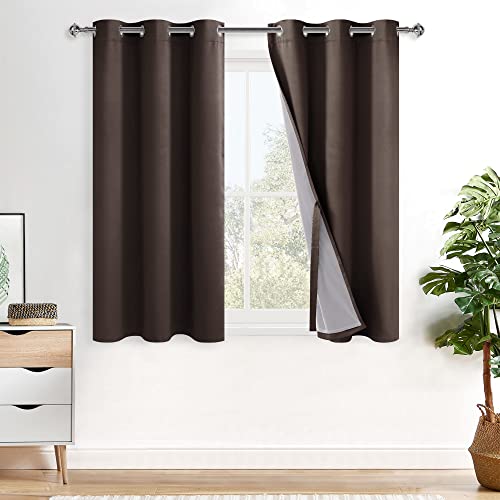 XWZO 100% Blackout Curtains 54 Inches Long with Tiebacks- Thermal Insulated & Energy Efficiency Window Draperies Grommet Top with Black Liner for Bedroom/Living Room, Brown, W42 x L54, Set of 2