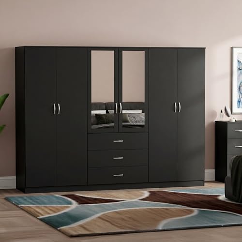 Vida Designs Riano 6 Door 3 Drawer Mirrored Wardrobe - Black - Bedroom Furniture - 175H x 230W x 54D cm - With Storage Shelf & Hanging Rail - Large Capacity Storage