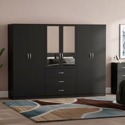 Vida Designs Riano 6 Door 3 Drawer Mirrored Wardrobe - Black - Bedroom Furniture - 175H x 230W x 54D cm - With Storage Shelf & Hanging Rail - Large Capacity Storage