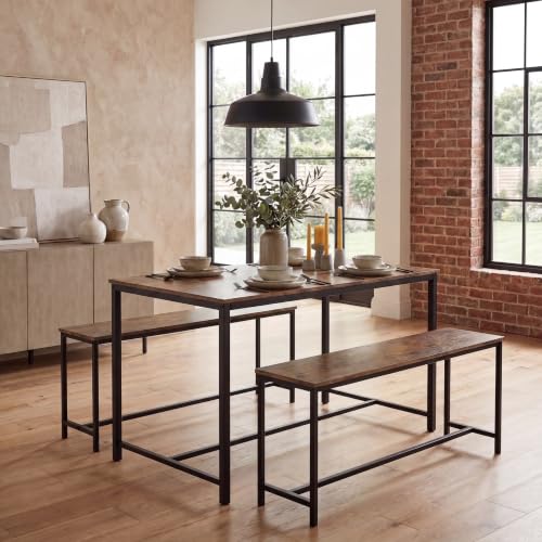 Vida Designs Brooklyn 4 Seater Dining Set 3 Piece Table & Bench Set Industrial Dining Room Furniture (Dark Wood)
