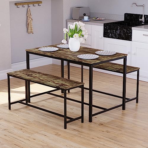 Vida Designs Brooklyn 4 Seater Dining Set 3 Piece Table & Bench Set Industrial Dining Room Furniture (Dark Wood)