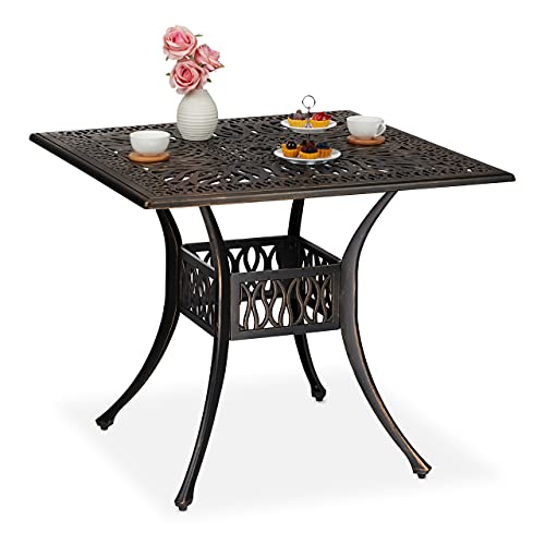 Relaxdays Garden Table, with Umbrella Hole, Antique Look, Cast Aluminium, 75 x 90 x 90 cm, Patio & Balcony, Black/Bronze
