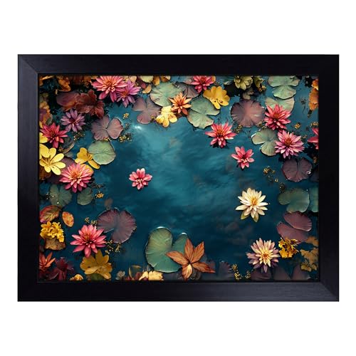 Lap Tray with Bean Bag Cushion, Lily Pond Flowers - Handmade in the UK, Raised Wooden Edge, Padded Cushion, Heat-Resistant Wipe-Clean Surface, for Meals, Laptops and Crafts