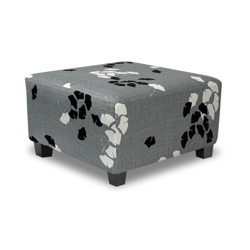 TOPHMDECOR Ottoman Cover Square Slipcovers Printed,Stretch Footrest Stool Cover for Ottoman Square,Soft Foot Stool Cover Protector with Nonslip Elastic Bottom (Medium,Ginkgo Leaves)