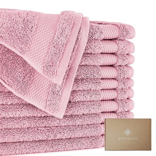 "BIOWEAVES 100% Organic Cotton 700 GSM Luxury Wash Cloths GOTS Certified 13"" x 13"" Face Towel - Dusty Pink, Pack of 12"