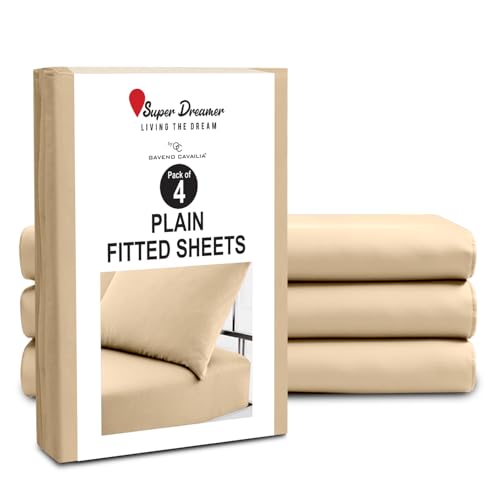 GC GAVENO CAVAILIA Microfiber Fitted Sheet Double - 4 Pack Plain Bed Sheets - Deep Pocket 10 inch (25cm) - Shrinkage, Fade & Wrinkle Resistant Bottom Sheet, Fit to Mattress (137x193 cm) - Beige