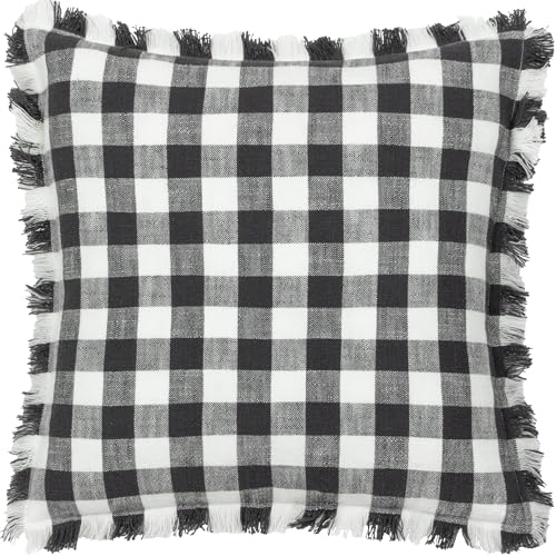 Yard furn Barton Check Fringed Polyester Filled Cushion – Oversized Gingham Cotton Reversible Design (Black – 45 x 45cm)