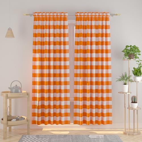NATUS WEAVER Buffalo Check Curtains 84 inches Long Cotton Basement Gingham Plaid Kitchen Window Curtain Panels Living Room Checker Drapes Bedroom Rod Pocket Window Treatment 2 Panels Orange and White