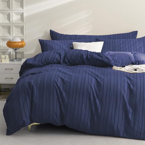 JELLYMONI Navy Blue Duvet Cover Queen Size Bedding - 3PCS Microfiber Tufted Duvet Cover Set, Boho Striped Tufted Textured Duvet Cover with Corner Ties & Zipper Closure