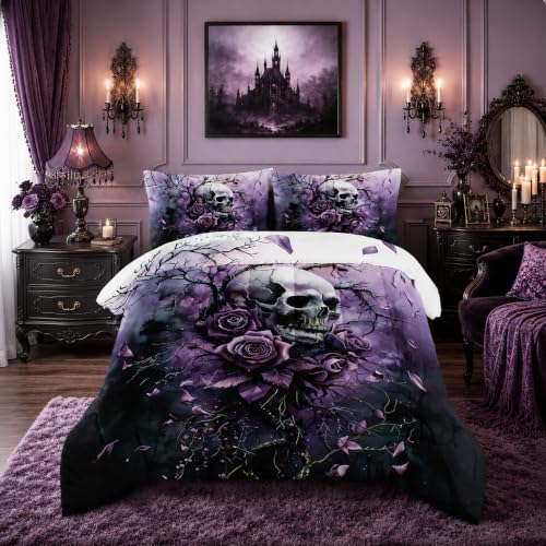 HOSIMA Death Skull Queen Bedding Sets,Skull Surrounded by Flowers Print Gothic Comforter Set,Branch Pattern Horror Themed Halloween Comforter for Women Girls Room Decor with 2 Pillowcases.