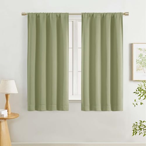 "Lecloud Sage Green Room Darkening Curtains 54 Inch Length 2 Panels, Window Curtains for Bedroom, Energy Thermal Insulating Rod Pocket Curtain Drapes for Small Window, 40"" W x 54"" L"