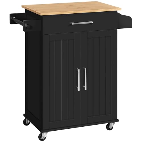 Yaheetech Kitchen Storage Trolley on Wheels With Bamboo Worktop, Rolling Kitchen Island Cart With Towel & Spice Rack for Dining Rooms, Black