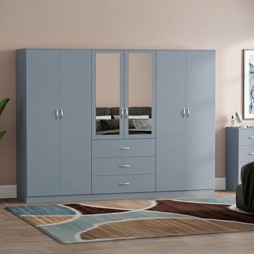 Vida Designs Riano 6 Door 3 Drawer Mirrored Wardrobe - Grey - Bedroom Furniture - 175H x 230W x 54D cm - With Storage Shelf & Hanging Rail - Large Capacity Storage