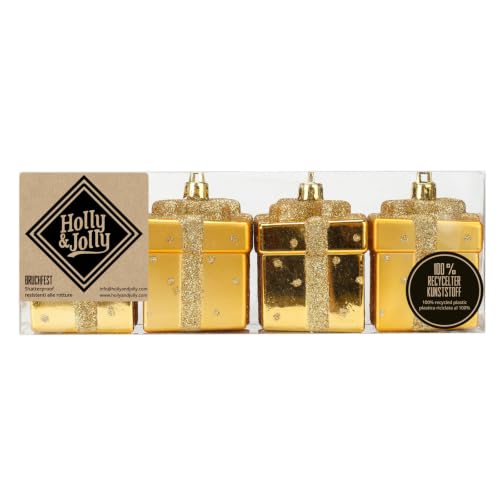 Holly & Jolly Christmas Tree Decorations Gift Box Royal Gold, Pack of 4 - Christmas tree decorations made of plastic, approx. 6.5 cm, gift pack in gold, glittered, Christmas decoration for indoor use