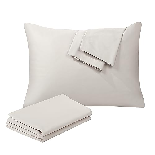 100% Egyptian Cotton Standard Size Pillow Protectors with Zipper Set of 2 - 400 Thread Count Sateen Weave Soft Cooling Pillowcases, Breathable Easy Care Hidden Zippered Pillow Covers, Light Beige
