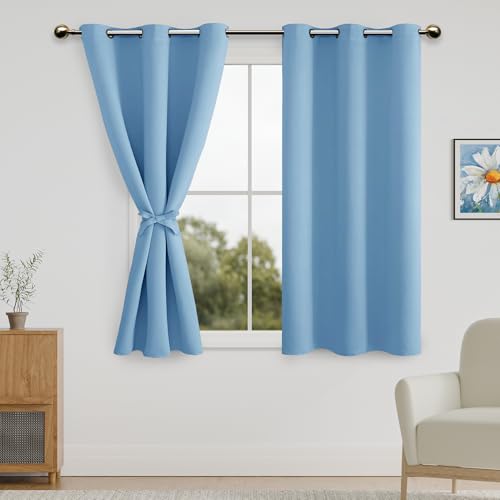 DWCN Blackout Curtains for Bedroom with Tiebacks - Room Darkening Privacy Grommet Top Window Curtains for Living Room, 42 x 45 inch Length,Light Blue,Set of 2 Panels
