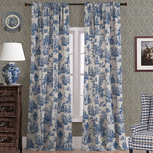 XTMYI Blue and White Curtains 102 Inches Long for Living Room Set 2 Panels Moderate Blackout Darkening Window Cotton Toile Floral Ceiling to Floor Drapes for Bedroom Farmhouse Decor