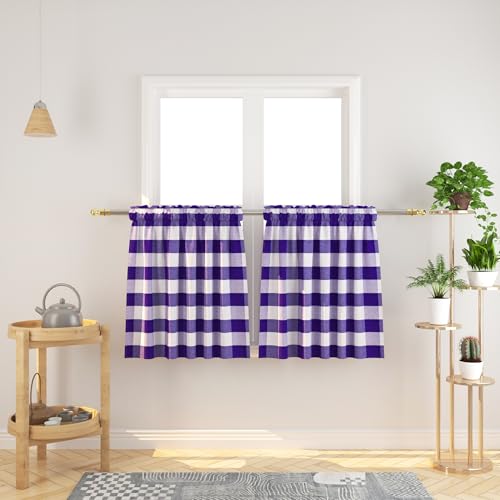 NATUS WEAVER Buffalo Check Kitchen Tier Curtains 24 inches Long Plaid Gingham Rod Pocket Classic Short Small Cafe Curtains Country Farmhouse Bathroom Half Window Curtains 2 Panels Purple & White