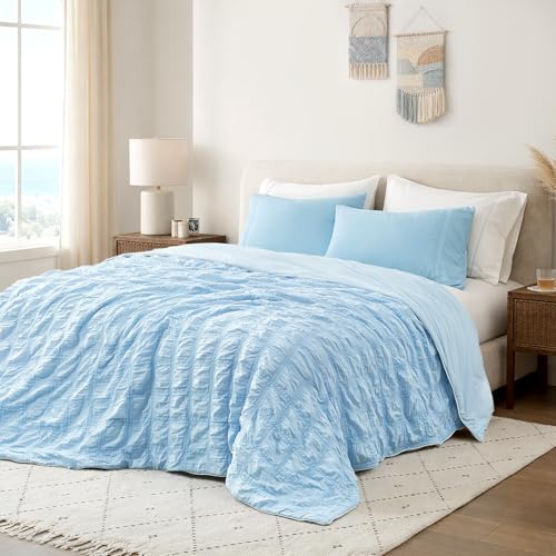 Cozy Bliss Cooling Comforter King Size Seersucker Plaid, Q-Max 0.4 Reversible Lightweight Cooling Blanket, Breathable Silk Smooth Summer Bedding Quilt for Hot Sleepers Night Sweats Blue