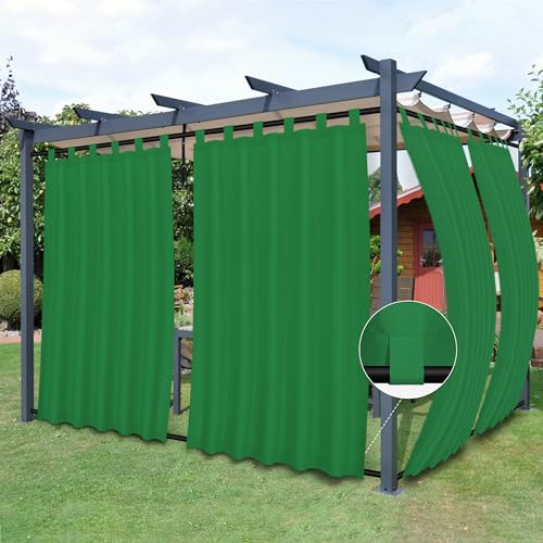 Easy-Going Outdoor Patio Curtains Detachable Tab Top Windproof Weatherproof Curtain for Cabana, Porch, Pergola and Gazebo, Tab Bottom Drape, 2 Panels, 54W x 108L inch, Green