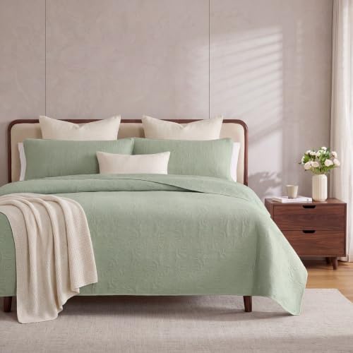 HLC.ME Benji - 3 Piece Full Queen Size Quilt Set, Lightweight Queen Bedspread Coverlet Set (Full/Queen, Sage Green)