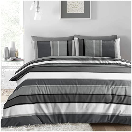 Super Dreamer Reversible Complete Duvet Cover Sets, Breathable Comforter Covers With Fitted Sheet & Pillowcase, 3 Piece Stripe Bedding Set, Grey, Single