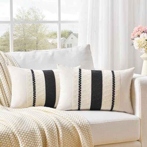 Fancy Homi Set of 2 Boho Black Long Lumbar Decorative Throw Pillow Cover 14x24 Inch for Couch Bed Sofa Chair, Modern Organic Farmhouse Home Decor, Soft Cotton Cute Accent Rectangle Cushion Case