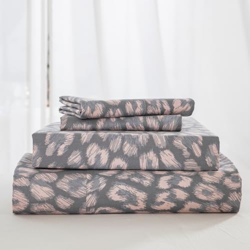 "DAUAOTO Full Size Printed Sheets Set, 100% Cotton Bedding Sets, Up to 14"" Deep Mattress, Modern Pattern Bedlinen Set, Leopard Gray"