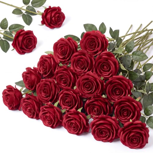 Hotop 20 Pcs Artificial Rose Flowers with Long Stem,Real Lifelike Silk Realistic Plastic Bouquet Roses Bulk for Home Decor Bridal Wedding Party Table Centerpieces Decorations(Wine Red)