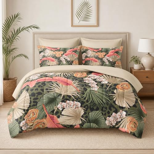 Pamnest Full Comforter Set with Sheets, 7 Pieces Summer Tropical Bedding - Bed in A Bag for All Season, Flowers Hawaiian Palm Leaf Leaves for Kids and Adults, 2 Pillowcases & 2 Shams