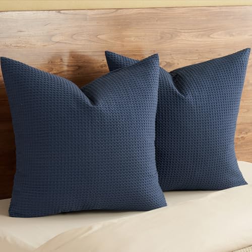 "PHF 100% Cotton Waffle Weave Euro Shams 26"" x 26"", No Insert, 2 Pack Elegant Home Decorative Euro Throw Pillow Covers for Bed Couch Sofa, Dark Navy"