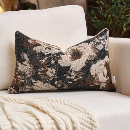 Yangest Neutral Flower Pillow Cover 12 x 20 Inches, Nature Chenille Rectangle Throw Pillow Cover Soft Luxury Accent Couch Pillow Cover for Living Room Bedroom, Coffee Brown