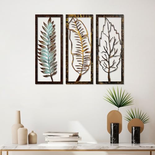 Hand-Painted Decorative Metal Wall Accessory (3 Pieces), 55 x 22 x 1.5 cm, 100% Metal, 1.5 mm Thickness, Unique Art for Home Décor, Colour Variations May Occur