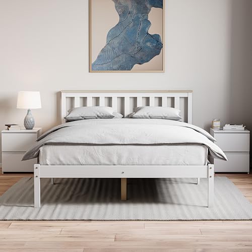 Vida Designs Milan Double Bed Frame - White & Pine - Low Foot - Solid Pine Wood - 82 H x 144.5 W x 196.5 D cm - Reinforced Slats - Underbed Storage - Multi Support Base - Bedroom Furniture